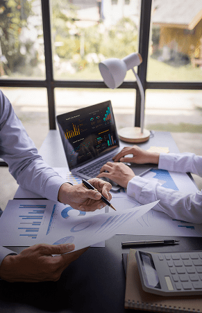 Business meeting with data analysis